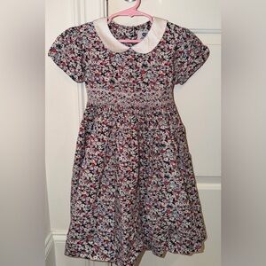 Classic English Floral Girls Dress with White Collar and Pink Smocking - 5 / 6.